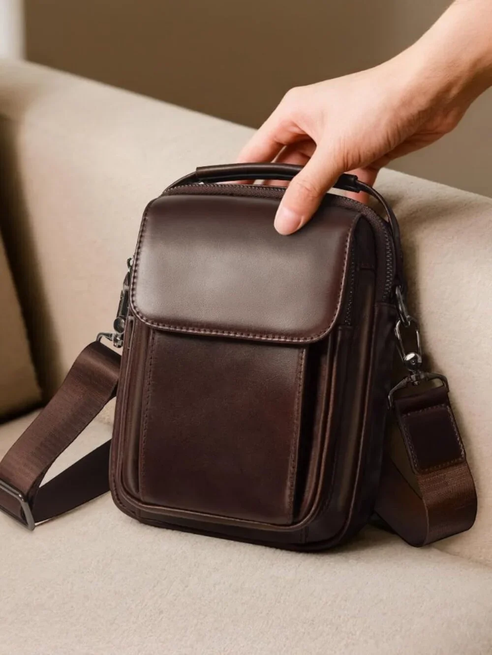 Men's Coffee Leather Shoulder Sling Travel Crossbody Stylish Magnetic Buckle Bag
